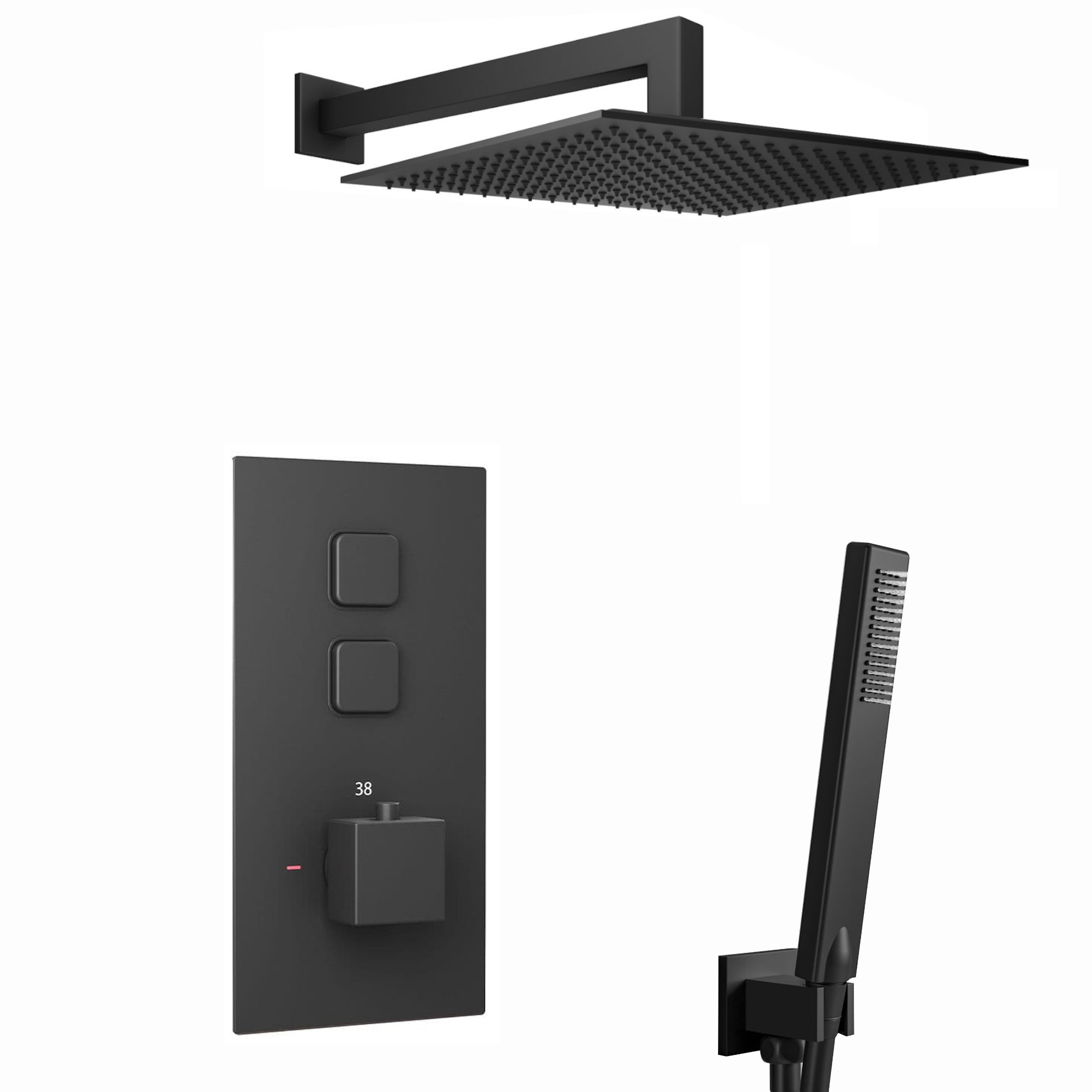 ENKI, Milan, SH0060, Square Thermostatic Concealed Push Button Shower Set, Wall Mounted Ultra Slim Shower & Handset Kit, Black image